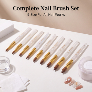 Kit de pinceaux à ongles en acrylique Kolinsky 9 tailles OEM ODM, manche transparent blanc pailleté, virole dorée, outil de manucure - Product Image 4