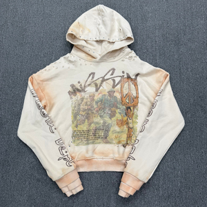 Felpa con Cappuccio Vintage da Uomo, Effetto Invecchiato e Taglio Corto |   Felpa Streetwear con Stampa DTG, Cappuccio con Strass, Polsini a Triplo Strato - Product Image 1