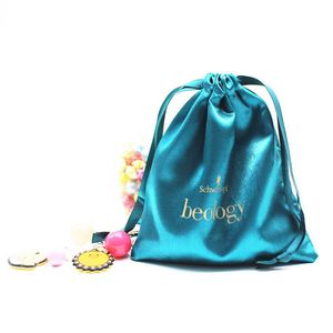 Pochette en satin vert et bleu avec cordon de serrage, réversible, pour bijoux et rouge à lèvres, emballage textile avec ruban pour cadeaux - Product Image 2