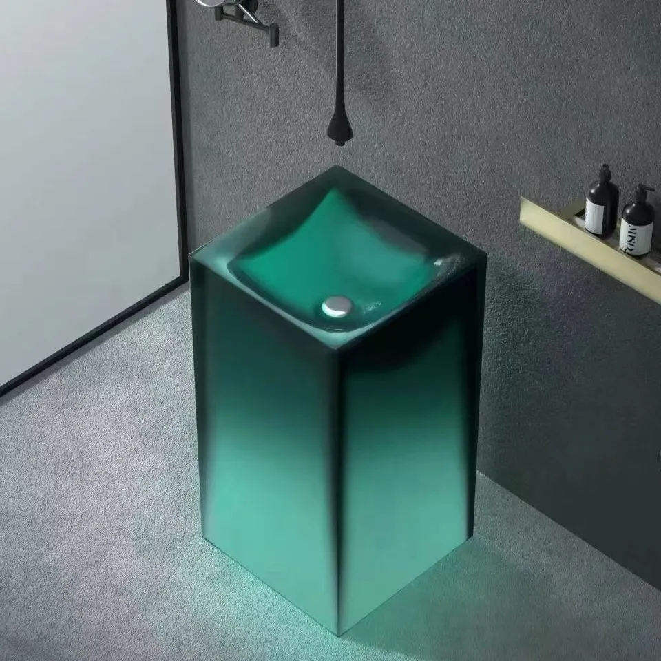 Koyu yeşil şeffaf fantezi ayakta yüz havzası banyo silindirik yapay taş akrilik reçine müstakil lavabo