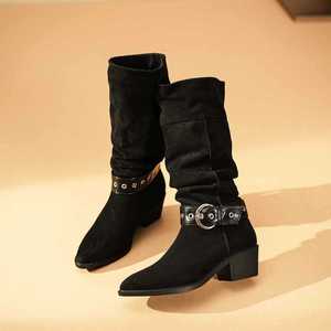 Bottines Western mi-mollet pour femme en daim à bout pointu, talons épais, boucle, tendance mode, hauteur de talon 6 cm, couleur unie - Product Image 2
