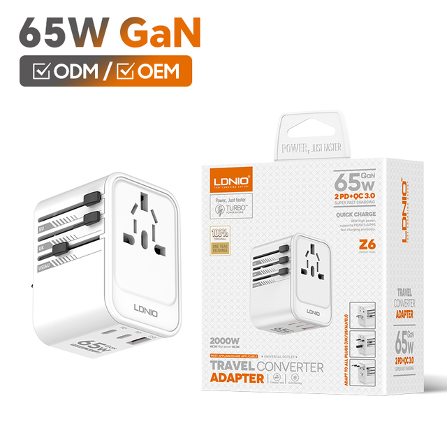 LDNIO Z6 Universal GaN 65W Newest Wideworld Travel Adapter Multi Plug Power Universal Travel Adapters with Dual USB 2 Type C