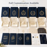 Suite d'invitations de mariage de luxe du Moyen-Orient, bleu marine et or, calligraphie arabe, monogramme, boîte cadeau avec carte palais pop-up
