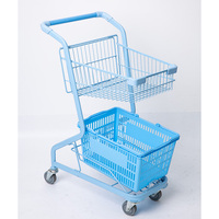 Chariot de courses en métal galvanisé à deux niveaux, écologique, portable, avec panier en maille argentée et roues en PU de 4 pouces, pour supermarché, vente en gros