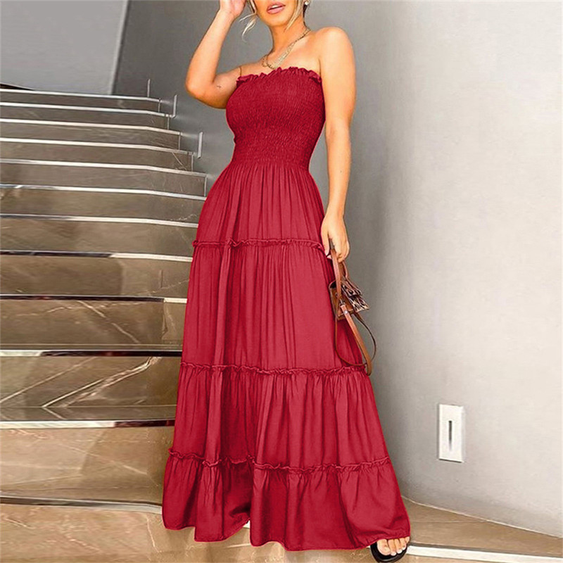 Summer off shoulder bohemian ruffled smocking evening party maxi dress women's clothing casual dresses