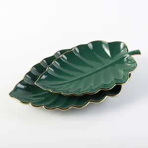 China Wholesale Wedding Banquet Party Decorative Fruit Plate Cheap Leaf Shape Green Ceramic Platter With Gold Line