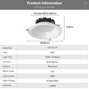 Downlight LED 30W encastré en aluminium, taille découpée 250-280mm, directement de l'usine, pour l'éclairage de projets de centres commerciaux et de restaurants - Product Image 4