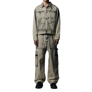 Été Style Hip Hop Hommes <span class=keywords><strong>Beige</strong></span> Vintage Distressed Cargo Denim Pants Mid Waist Straight Weaved Jeans - Product Image 4