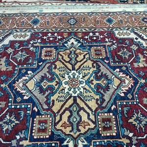 Vintage Heriz Hand Knotted Low Pile Wool <b>Carpet</b> 8x10 ft Geometric Pattern Super Soft Eco Friendly Medium Thickness for Prayer - Product Image 4