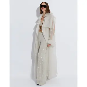 White Organza Trench Latest fashion design high quality sweet cotton waist strap custom stand collar coats for women