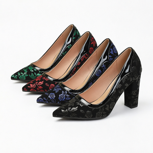 <b>Women</b> Floral Print Pumps Pointed Toe Thick Heel Slip on <b>Formal</b> Dress <b>Shoes</b> Spring Autumn - Product Image 1