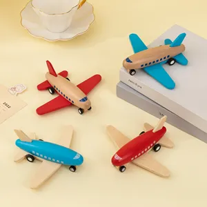 UDEAS Montessori Toys Plane Pull Back Car Small Cartoon Wooden Airplane Shape Baby Toy