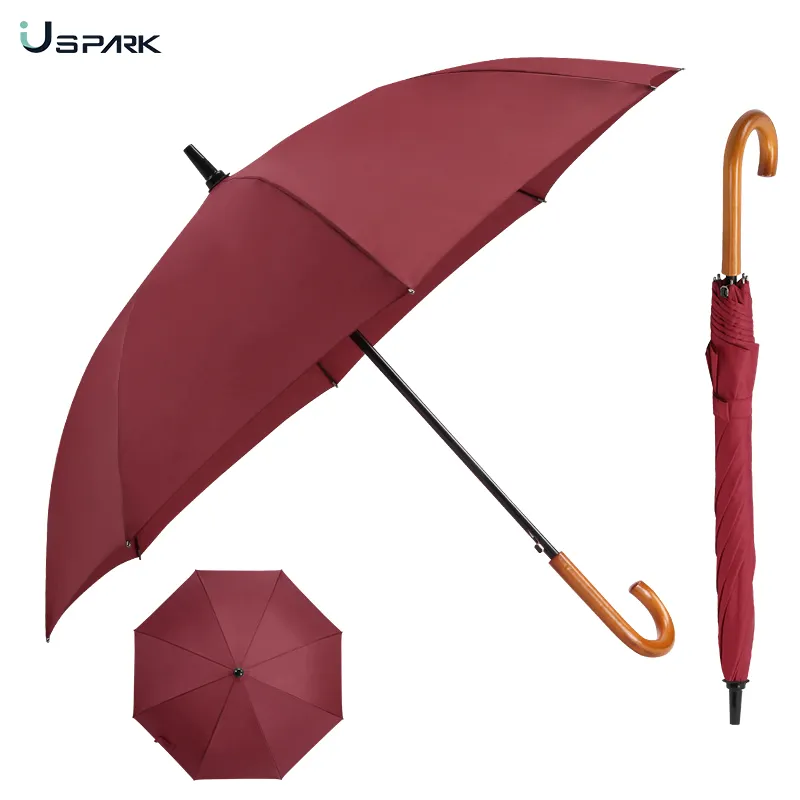23 Inch 8ribs High Quality Auto Open Wooden J Hook Curved Handle Stick Straight Rain Umbrella