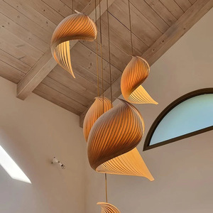 Designer Creative Long Wood Veneer Pendant <b>Light</b> For Staircase Loft Duplex Living Room And <b>Dining</b> Room - Product Image 3