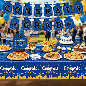 Set di Stoviglie Monouso Blu <span class=keywords><strong>per</strong></span> Festa di Laurea 640430 2026, 98 Pezzi <span class=keywords><strong>per</strong></span> 24 Persone, con Striscione, Piatti, Bicchieri, Tovaglioli e Tovaglia - Product Image 1