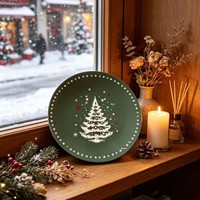 Vintage Dunkelgrüner Handgefertigter Runder Teller mit Farbigen Weihnachtsbaum-Aufklebern, Dekorative Feiertagsplatte, Haushaltsgeschenk