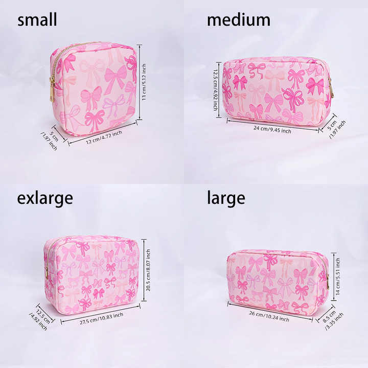 Wholesale Pink Cherry Bow Print Nylon Makeup Bag for Women Travel Portable Zipper Cosmetic Pouch ...
