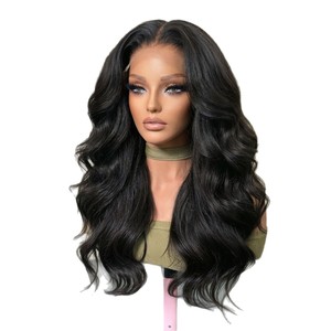 Peluca de encaje frontal europea americana para mujer, de cobertura completa, negro azabache, <span class=keywords><strong>con</strong></span> ondas grandes y <span class=keywords><strong>rizos</strong></span> largos, tejida a mano, permanente, teñida, stock de fábrica - Product Image 4