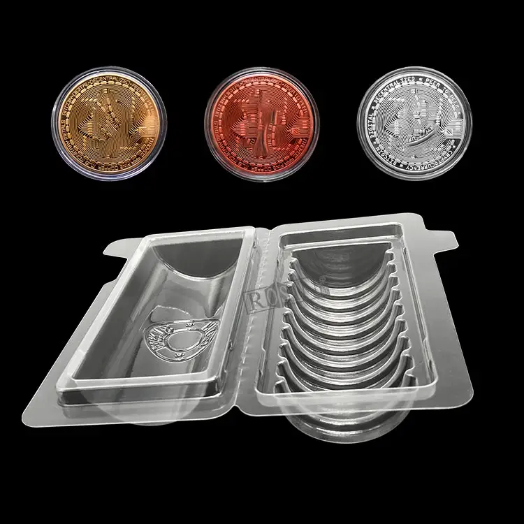 Caja de embalaje de plástico transparente personalizada, bandeja redonda para monedas