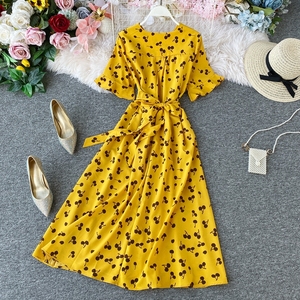 Summer <strong>Cherry</strong> Print <strong>Dress</strong> Women Sweet Elegant Korean Casual V Neck <strong>Dresses</strong> Bandage High Waist Maxi Party Long <strong>Dress</strong> Temperament - Product Image 5