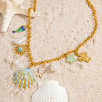 SUMMLY Collier multi-breloques plaqué or 18 carats, thème océan, coquillage, tortue, étoile de mer, poisson, perle, bijoux bohèmes pour femme, cadeau de plage