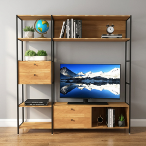 KTV68094 Multi-Functional TV Stand Integrated Bookshelf Industrial-Style Iron Frame <b>Pine</b> Wooden Top Luxury Traditional TV - Product Image 2