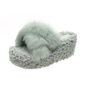 New design women thick sole plush cross strap slippers high heels wedge platform cotton slippers Fashion Lamb wool fur slippers