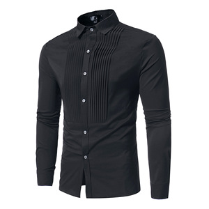 Chemises pour hommes, nouvelle mode 2024, taille européenne, manches longues, col à revers, boutons sur le devant, design plissé, hauts pour jeunes hommes, <span class=keywords><strong>chemise</strong></span> décontractée - Product Image 2