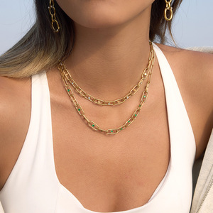 Collar de Cadenas Finas de Acero Inoxidable 18K con Engaste de Bisel de Diamantes de Imitación Geométricos, Joyería para Uso Diario y Ocio - Product Image 3