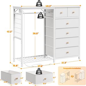 Cómoda Blanca Contemporánea con 4 Ganchos, Estación <span class=keywords><strong>de</strong></span> Carga y Cajones <span class=keywords><strong>de</strong></span> Tela para Dormitorio y Sala <span class=keywords><strong>de</strong></span> Estar - Product Image 6