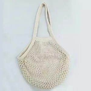 Eko biyobozunur organik pamuk üretmek logo ile örgü sepet kullanımlık uzun saplı örgü çanta bakkal alışveriş Tote Mesh Net çanta