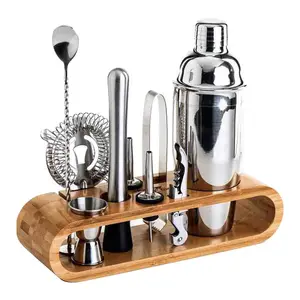 Travel Gift Barware Rvs Bar Tool Barman Kit Bar Accessoires Jigger Cocktail Shaker Set Met Houten Standaard