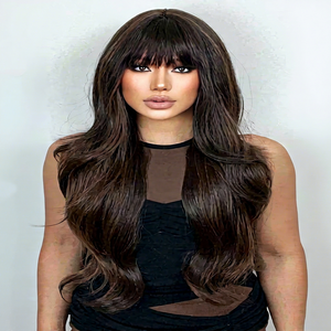 Perruque longue ondulée brun foncé pour femmes avec franges Cheveux synthétiques doux Fibre résistante à la chaleur Perruque d'habillage à l'aspect naturel - Product Image 1