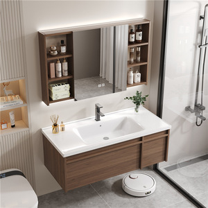 Meuble de salle de bain en bois massif avec lavabo intégré en céramique, meuble-vasque léger pour salle de bain - Product Image 6