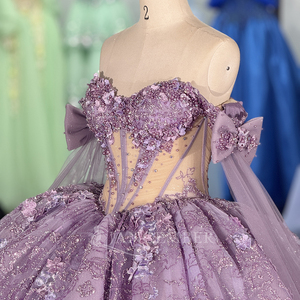 Robes de Quinceañera en dentelle brillante lavande, robe de bal, épaules dénudées, fleurs faites à la main, fête des <span class=keywords><strong>15</strong></span> ans, Dy6839 - Product Image 3