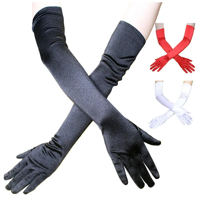 Gants élastiques en Satin pour femmes, étiquette de fête de mariage, doigt complet, Sexy, longs, noirs, pour femmes