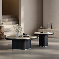 Ensemble de tables basses modernes à motif floral, noir et blanc, design créatif, table basse en bois avec plateau en pierre, ensemble de tables basses pour salon