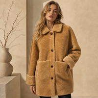 Manteau mi-long en laine pour femme, couleur camel clair, en laine Teddy duveteuse, col rabattu, poches plaquées, coupe ample, vêtement d'extérieur d'hiver
