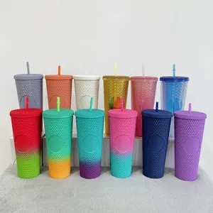 16Oz 24Oz Dinding Ganda Kristal Plastik Akrilik Berlian Jerami Dingin dengan Logo Kosong Spot untuk Es Kopi Smoothies