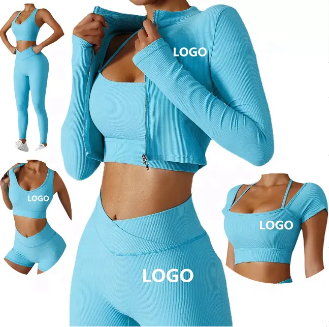 2023 Custom Gym Clothes Crop Top Yoga Suit Tracksuits Jackets Zipper Yoga Activewear Sets Women Gym Fitness Sets