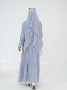Abaya Modesta Semitransparente Azul Polvoriento con Volantes en Capas, Vestido Maxi con Hiyab a Juego, 100% Poliéster, Manga Larga, Ropa Islámica para Primavera/Verano - Product Image 3