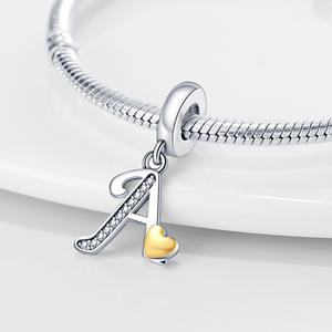 Abalorios de cobre plateado en dos tonos con letras del alfabeto y corazón, con circonitas, compatibles con pulseras europeas - Product Image 2