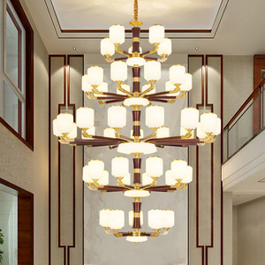 Lámpara de techo estilo chino para villa, de cobre y madera maciza, con múltiples cabezales LED, para el hogar, casa dúplex. - Product Image 3