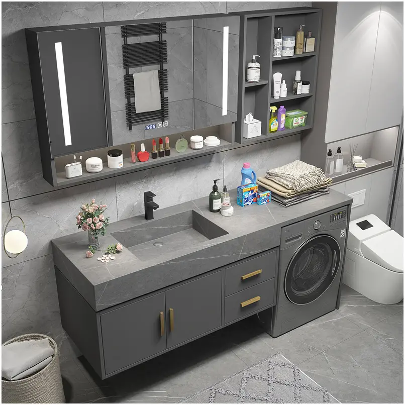 Lavabo da appoggio personalizzato in pietra sinterizzata con piano di lavoro integrato con mobile sotto lavabo Color marmo grigio Armani