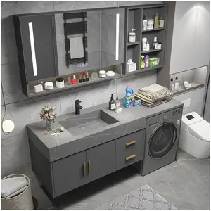 Lavabo da appoggio personalizzato in pietra sinterizzata con piano di lavoro integrato con mobile sotto lavabo Color marmo grigio Armani