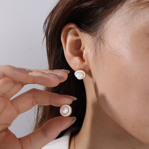 ต่างหูมุกประดับเพชร ทองคำขาว ทรงกรอบ ขอบสแตนเลส สวมใส่ได้ทุกวัน - Product Image 4