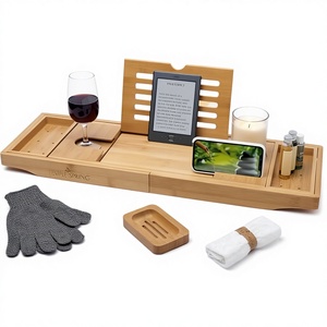 Plateau de bain extensible en bambou – Organisateur de spa de luxe en bois pour la maison avec support pour <span class=keywords><strong>tablette</strong></span> et verre à vin, logo personnalisé, vente en gros - Product Image 1