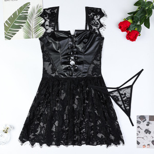 ชุดคอร์เซ็ท PU สไตล์โกธิคขายส่ง ชุดชั้นในผู้หญิงแบบใหม่ ชุดบราลูกไม้ซีทรูพร้อมกางเกงใน - Product Image 6