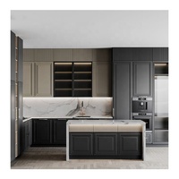 Ensemble complet d'ameublement de cuisine moderne scandinave noir, armoires de cuisine modulaires en acier inoxydable et aluminium, bois massif