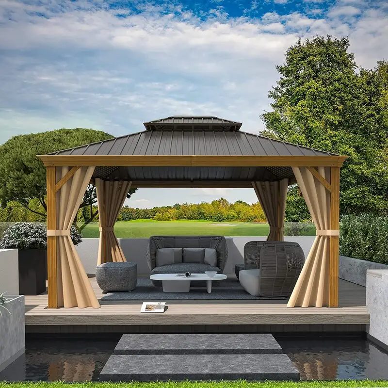 Gazébo de Patio en acier galvanisé à toit rigide étanche avec mur latéral pour barbecue de jardin extérieur, 10x10 pieds